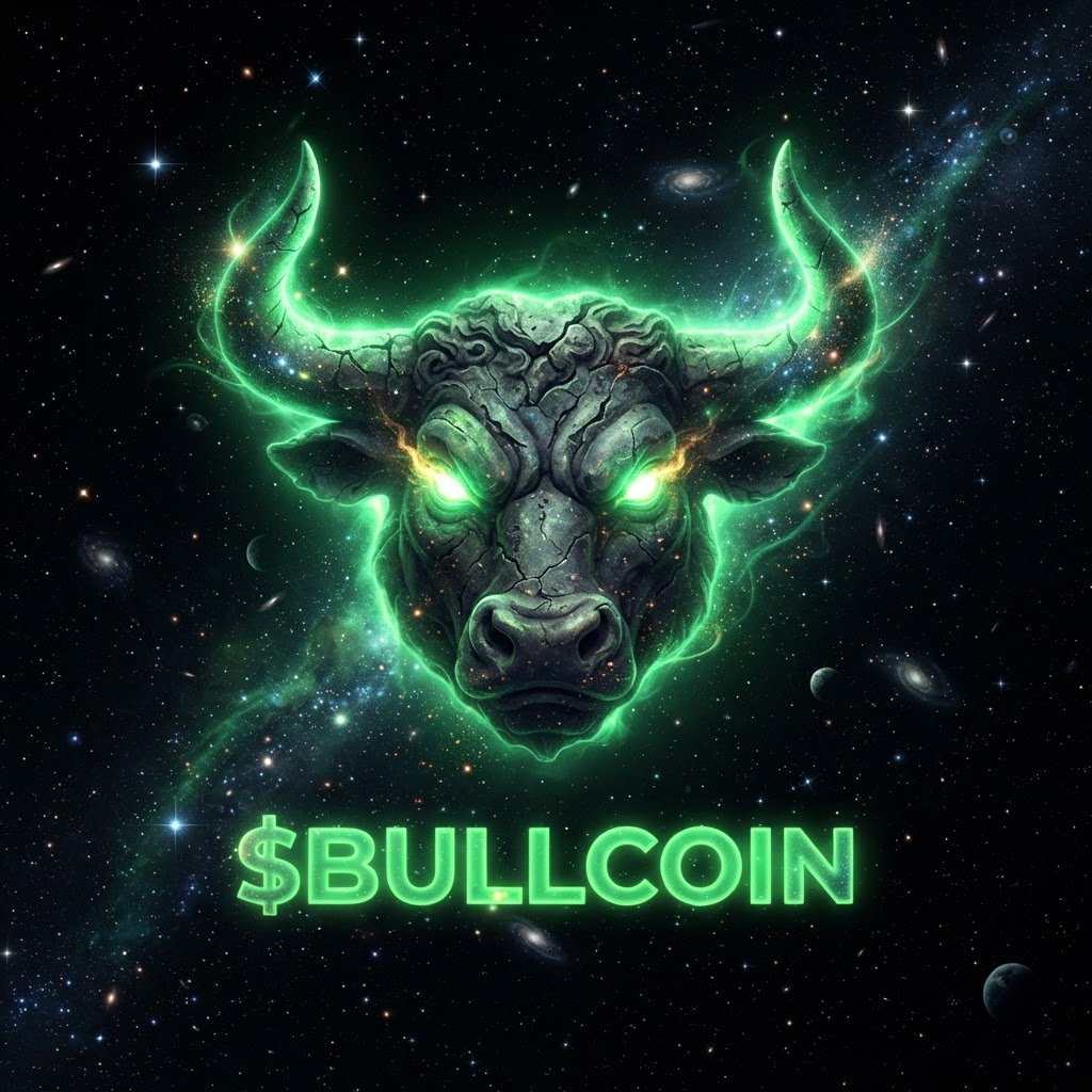Glowing green cosmic bull head, the $BULLCOIN mascot